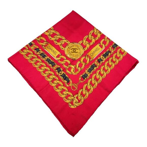 CHANEL Coco Mark Logo Red Chain Pattern Silk Scarf/Stole W/Box - Picture 6 of 16